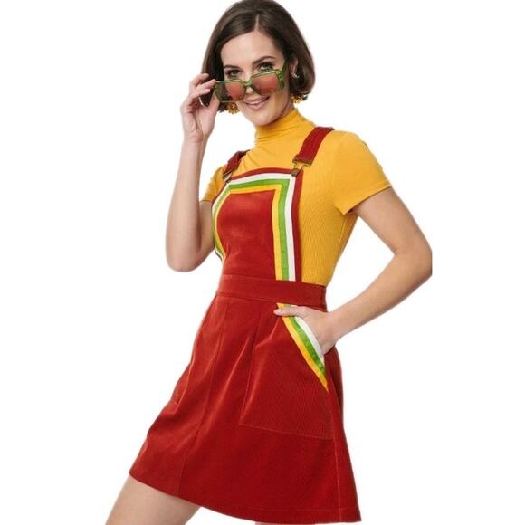 Smak Parlour Overalls Corduroy Jumper Mod Dress 60’s 70’s Ribbon Trim 3X - Picture 1 of 6